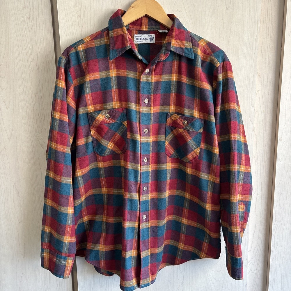 Vtg 80's Roebucks Hong Kong Plaid L/S Perma Prest Size LG /16-16.5 Flannel Shirt